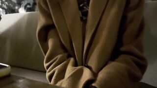 Teasing my spouse with absolutely sheer blouse over a glass ow wine in outdoor bar and lifting my blouse up exposing titties