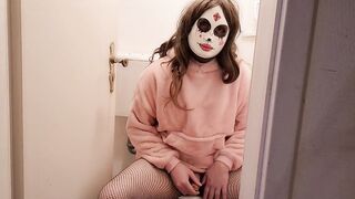 Youthful trans woman jerks off in the shitter