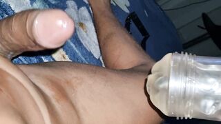 Masturbating my large schlong with a toy and cumming twice