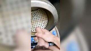Risky jerk-off in a public urinal in a Dutch park
