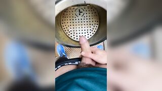 Risky jerk-off in a public urinal in a Dutch park