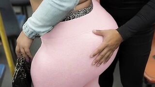 "Balaclava big beautiful woman Gets Butt in Constricted Shiny Pink Panties - Public Bus"