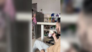 Stepmom masturbates in the kitchen with her biggest melons