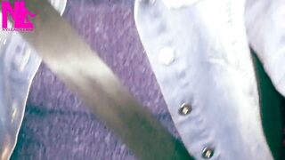 Dangling in Blue Hose and Blue Flats on a Gas Station