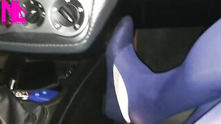 Dangling in Blue Hose and Blue Flats on a Gas Station