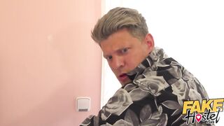 Fake Hostel Italian golden-haired with large titties takes takes 2 large schlongs
