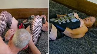 Older Gilf wearing gloves gets sex-toy screwed, banged and cream pie’d
