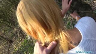 Public Agent Large dong gets blondes constricted twat juicy in public forest bang