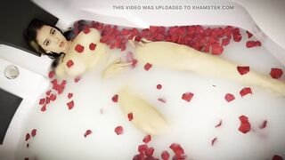 a milk shower with roses, and playing with her feet