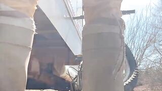 Pee on the Ground Near Truck Wheel