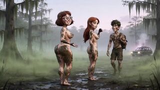 2 breathtaking sweethearts lose their raiment in a darksome swamp searching for their ally and end up in nature's garb in the mud (AI generated)