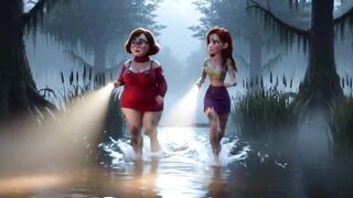 2 breathtaking sweethearts lose their raiment in a darksome swamp searching for their ally and end up in nature's garb in the mud (AI generated)