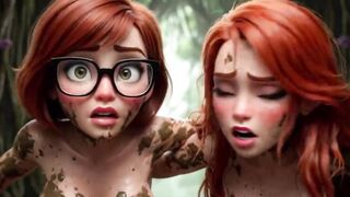 2 breathtaking sweethearts lose their raiment in a darksome swamp searching for their ally and end up in nature's garb in the mud (AI generated)