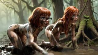 2 breathtaking sweethearts lose their raiment in a darksome swamp searching for their ally and end up in nature's garb in the mud (AI generated)