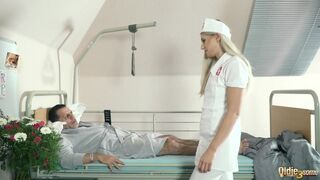 Teen nurses screw old older man in a fake hospital couch and give sloppy oral-job