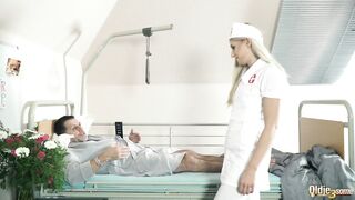 Teen nurses screw old older man in a fake hospital couch and give sloppy oral-job