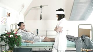 Teen nurses screw old older man in a fake hospital couch and give sloppy oral-job