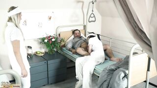 Teen nurses screw old older man in a fake hospital couch and give sloppy oral-job