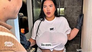 Breasty Latin chick maid has vehement sex with her boss to get a raise - Savannah Watson