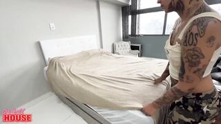 This Chap with a Large Rod Banged the Unshaved Brunette hair and Filled Her Throat with Cum