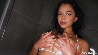 Latin babe Scarlett Alexis looks so sexy in the shower.Ebony guy Isiah is caressing her large melons during the time that they kiss,licks then bangs her juicy hirsute snatch.
