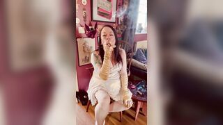 Cigar Smokin' Tina Snua In Gold Satin Gloves & Rings - Smoker Smokes OME Drifting Smoke