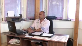 Aged Brunette hair Oozing Soaked From Intensive Office Desk Pounding