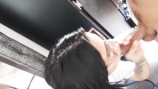 Nerdy hotty with glasses acquiesces to suck her classmate's schlong