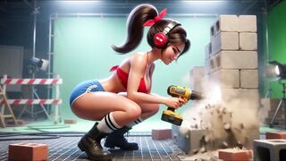 Curvy Builder Hottie Undresses and Positions Seductively with Drill in Studio Session (AI generated)