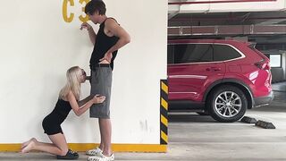 Unknown blond bangs in a parking lot in plain sight