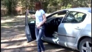 Youthful amateur pair screwing outside in the woods