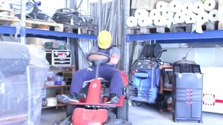 Older Golden-haired Stretched Wide on Lawnmower with Oozing Cum