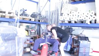 Older Golden-haired Stretched Wide on Lawnmower with Oozing Cum