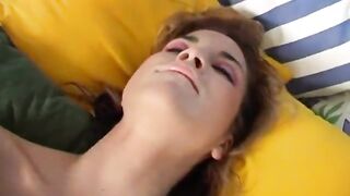 Pretty Brunette hair White Floozy with a Hairless Vagina Bangs Herself with a Sex Toy