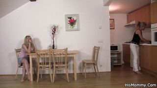 Lesbian mom and teen cumming while dildoing