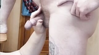 Bulky woman jerks off my weenie to a spunk flow taking cum on herself. Close up