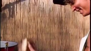 Big bazookas babe blows stud's cock outdoors and screws it