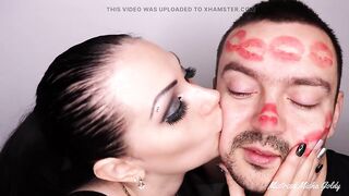 Covering Alex with beefy red lipsticks kisses all over his face!