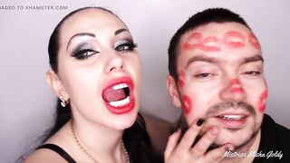 Covering Alex with beefy red lipsticks kisses all over his face!