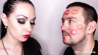 Covering Alex with beefy red lipsticks kisses all over his face!