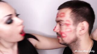 Covering Alex with beefy red lipsticks kisses all over his face!