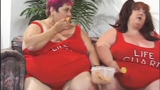 Large overweight lesbo 3some snatch licking sex-toy playing