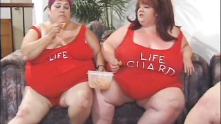 Large overweight lesbo 3some snatch licking sex-toy playing