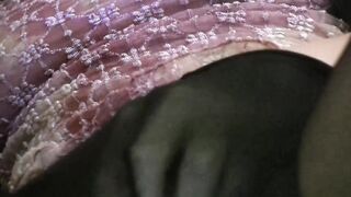Sweetheart in ebony hose pleases her bald beaver with vibrator - closeup