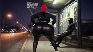 Large Butt Gal in Leather Panties at Bus Stop Ends in Ebony