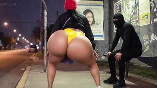 Large Butt Gal in Leather Panties at Bus Stop Ends in Ebony