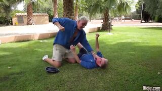 2 Grandpas screw a blond hair cutie and lick her cunt lips