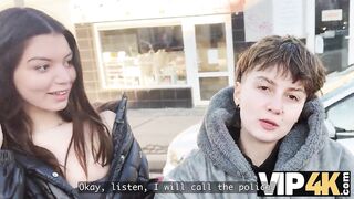 VIP4K. 2 glamorous eighteen years old angels jumps on the Stranger's face