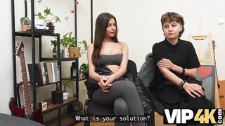 VIP4K. 2 glamorous eighteen years old angels jumps on the Stranger's face