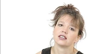 Excited brunette hair vixen dildoing her unshaved twat at casting